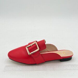 YDN Red Round Toe Low Heel Mules Slip on Buckle Slippers Backless Home Shoes